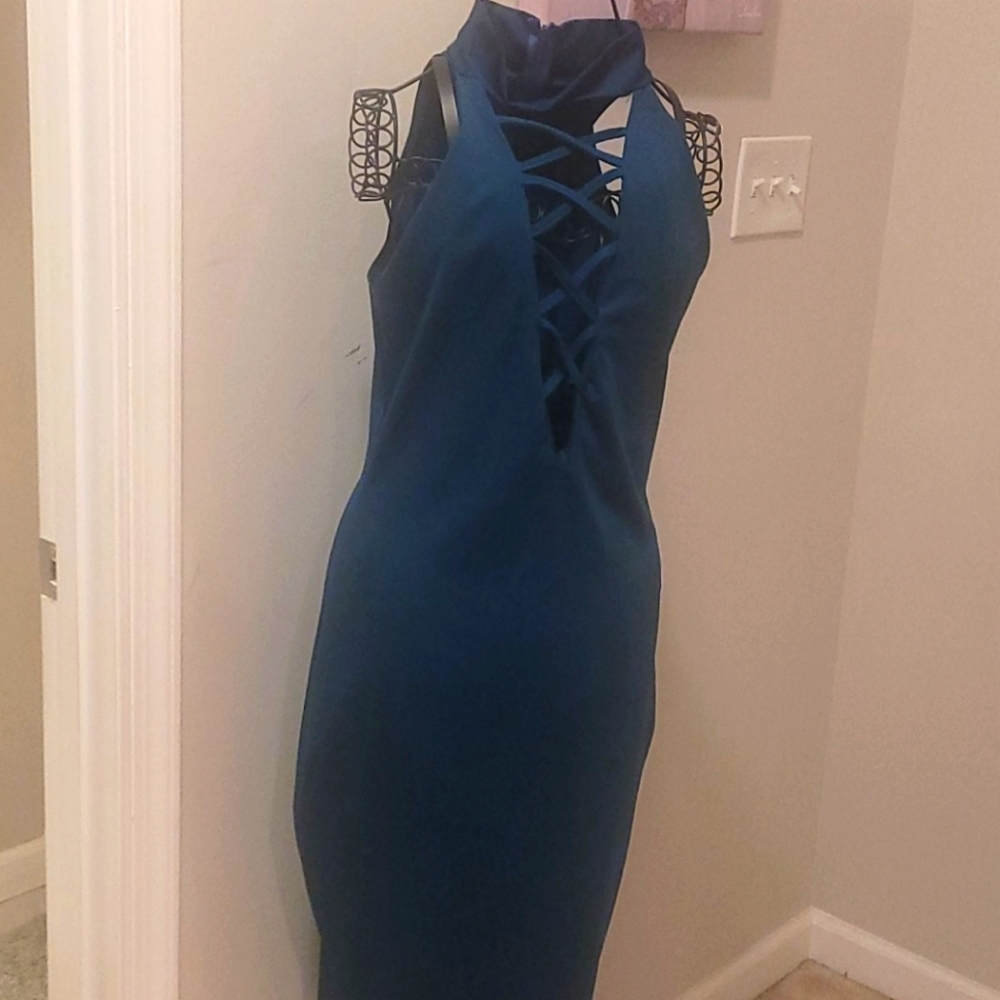 Criss Cross Laced Up Blue Stretch Midi Dress M
